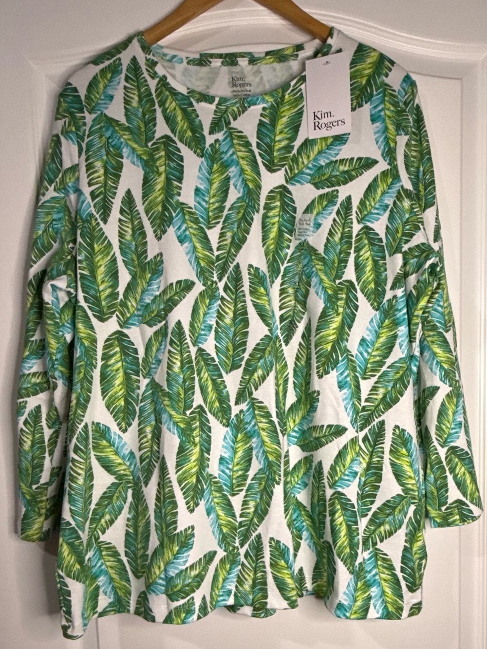 Kim Rogers White Top with Green Tropical Leaf Print - Long Sleeve 100% Cotton